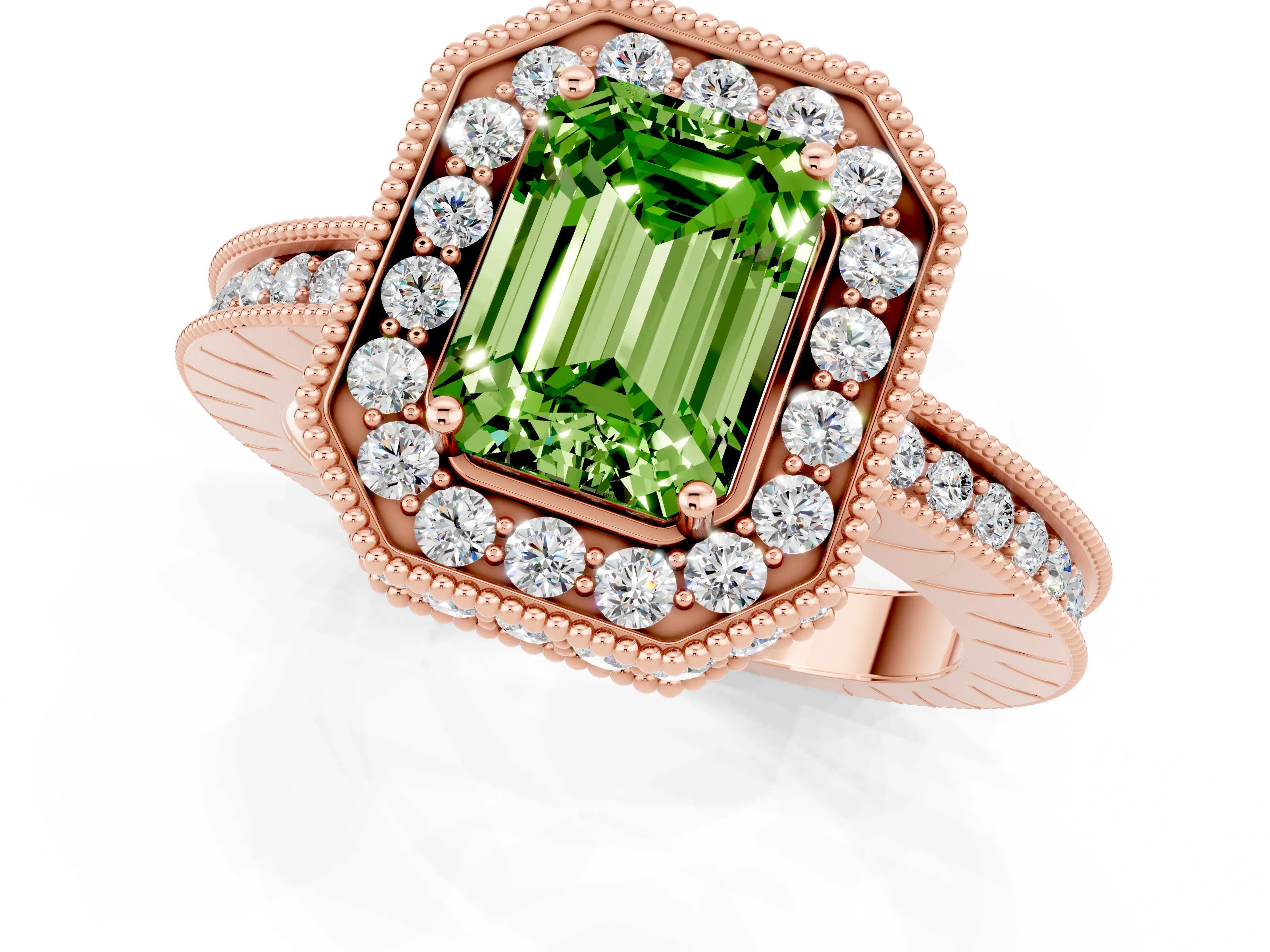 Rose gold Emerald Cut Halo Diamond Engagement Ring with Milgrain Pave Band and Four-Prong Setting_1