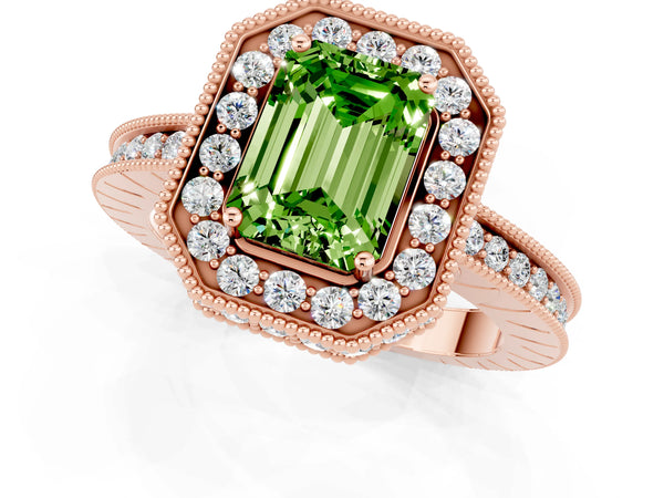 Rose gold Emerald Cut Halo Diamond Engagement Ring with Milgrain Pave Band and Four-Prong Setting