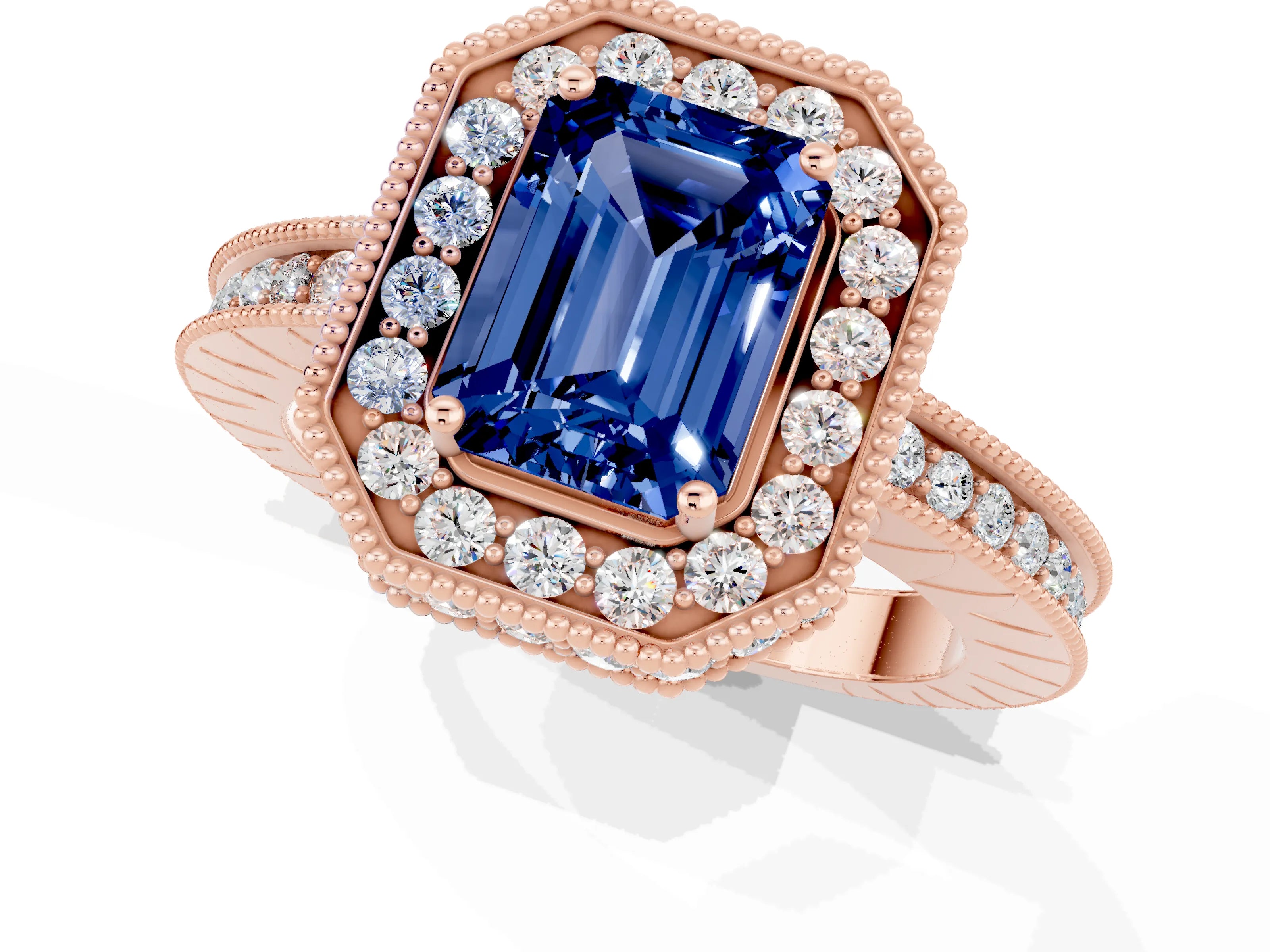 Rose gold Emerald Cut Halo Diamond Engagement Ring with Milgrain Pave Band and Four-Prong Setting_1