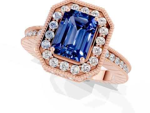 Rose gold Emerald Cut Halo Diamond Engagement Ring with Milgrain Pave Band and Four-Prong Setting_1