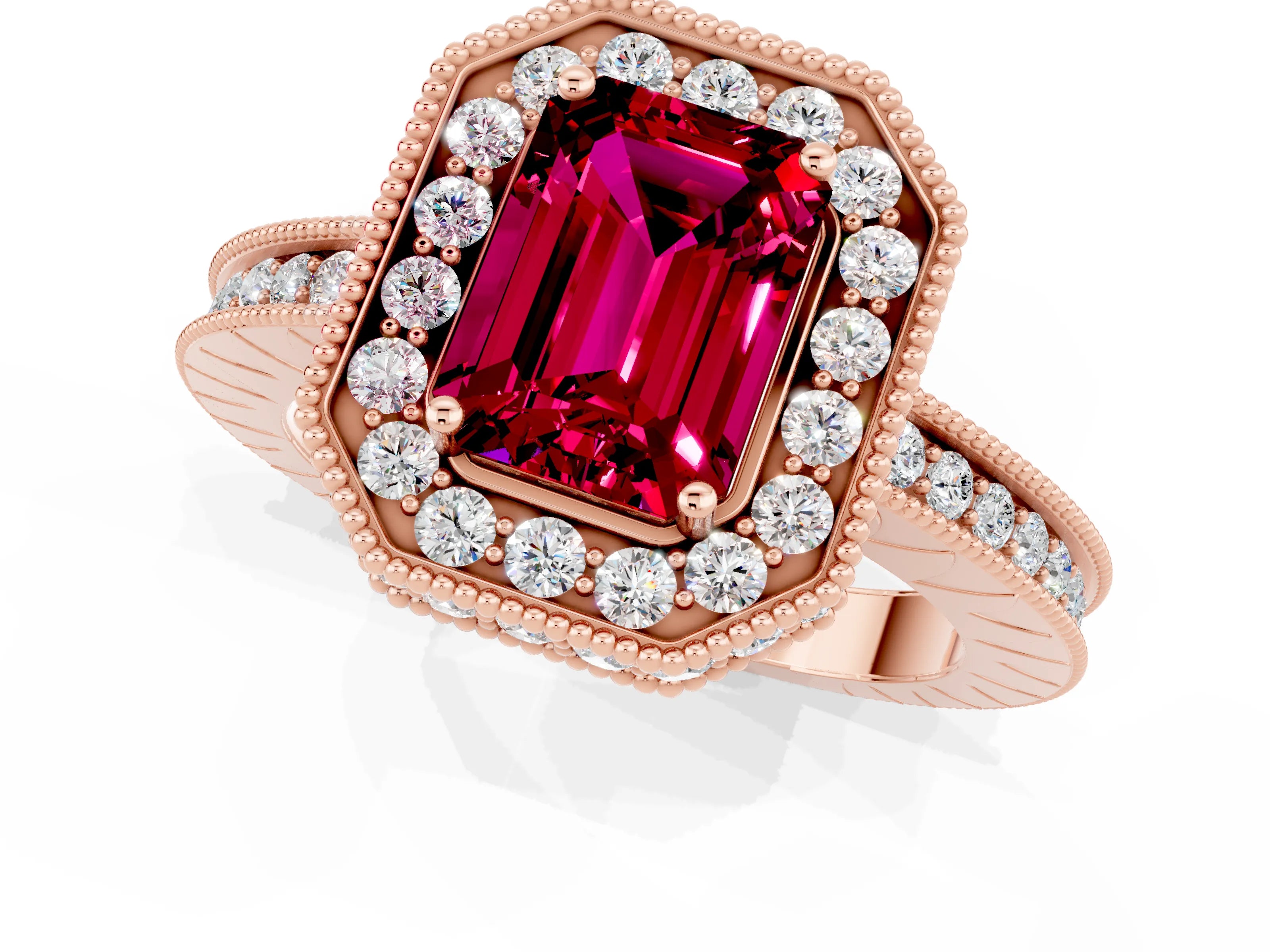 Rose gold Emerald Cut Halo Diamond Engagement Ring with Milgrain Pave Band and Four-Prong Setting_1