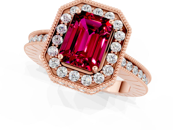 Rose gold Emerald Cut Halo Diamond Engagement Ring with Milgrain Pave Band and Four-Prong Setting