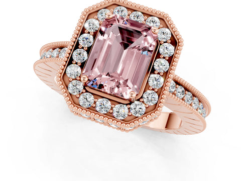 Rose gold Emerald Cut Halo Diamond Engagement Ring with Milgrain Pave Band and Four-Prong Setting_1