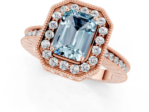 Rose gold Emerald Cut Halo Diamond Engagement Ring with Milgrain Pave Band and Four-Prong Setting_1