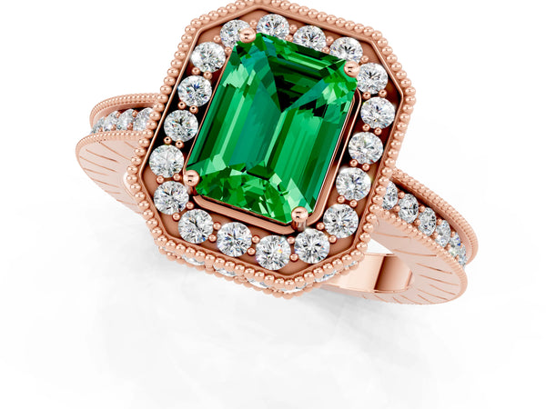 Rose gold Emerald Cut Halo Diamond Engagement Ring with Milgrain Pave Band and Four-Prong Setting