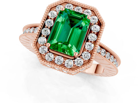Rose gold Emerald Cut Halo Diamond Engagement Ring with Milgrain Pave Band and Four-Prong Setting_1
