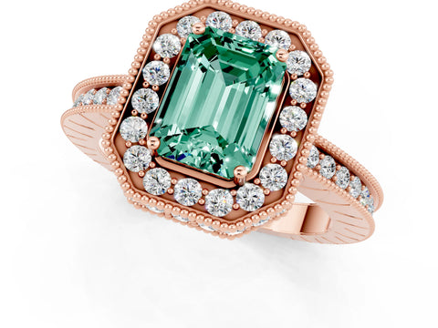 Rose gold Emerald Cut Halo Diamond Engagement Ring with Milgrain Pave Band and Four-Prong Setting_1
