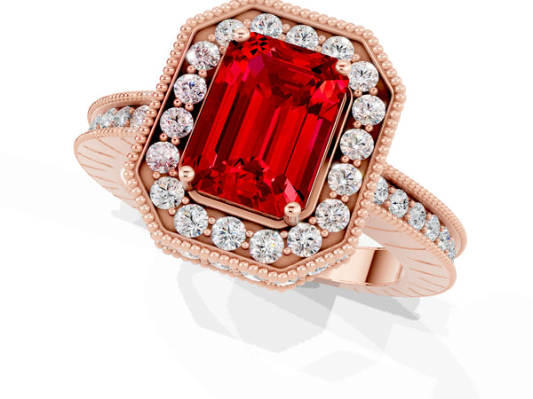 Rose gold Emerald Cut Halo Diamond Engagement Ring with Milgrain Pave Band and Four-Prong Setting