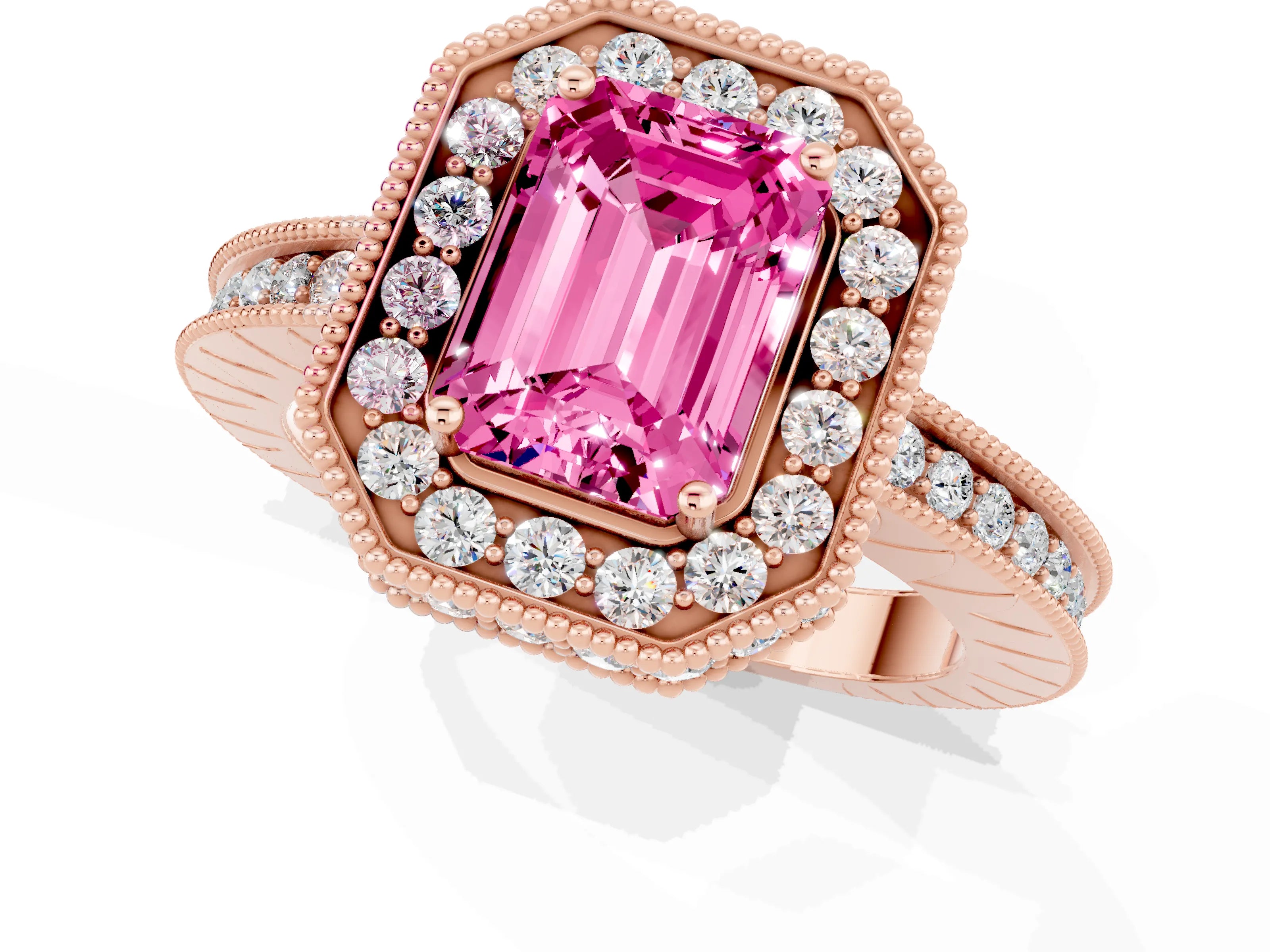 Rose gold Emerald Cut Halo Diamond Engagement Ring with Milgrain Pave Band and Four-Prong Setting_1
