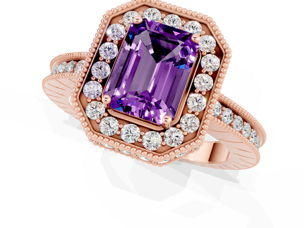 Rose gold Emerald Cut Amethyst Milgrain Halo Engagement Ring with Round Pavé Band and Prong Setting