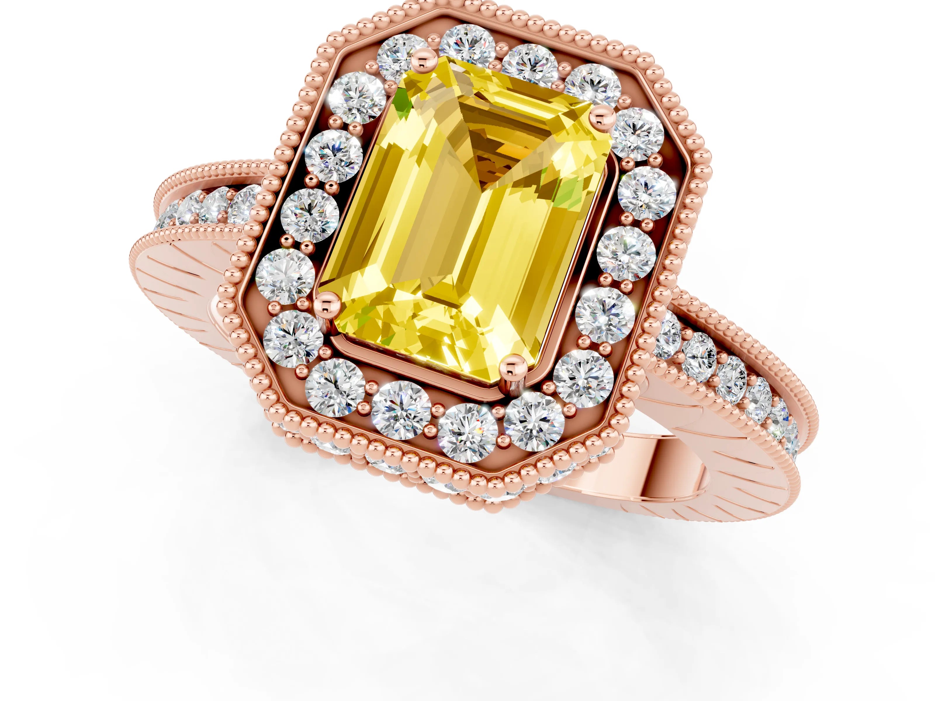 Rose gold Emerald Cut Halo Diamond Engagement Ring with Milgrain Pave Band and Four-Prong Setting_1