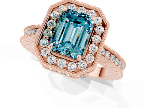 Rose gold Emerald Cut Halo Diamond Engagement Ring with Milgrain Pave Band and Four-Prong Setting_1