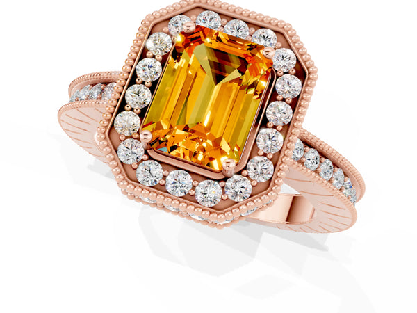 Rose gold Emerald Cut Halo Diamond Engagement Ring with Milgrain Pave Band and Four-Prong Setting