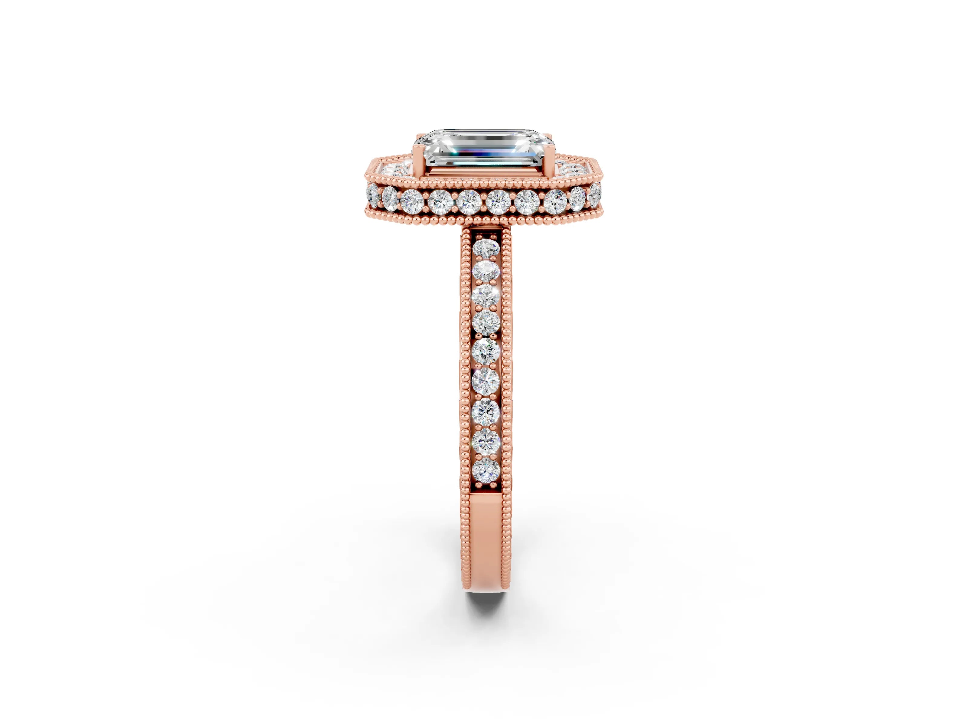 Rose gold Emerald Cut Halo Diamond Engagement Ring with Milgrain Pave Band and Four-Prong Setting_2