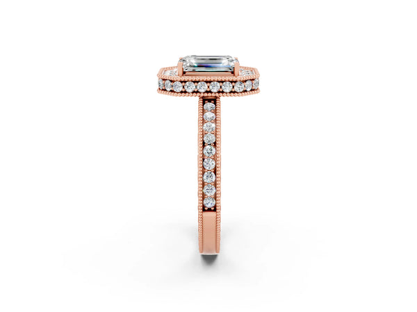 Rose gold Emerald Cut Halo Diamond Engagement Ring with Milgrain Pave Band and Four-Prong Setting