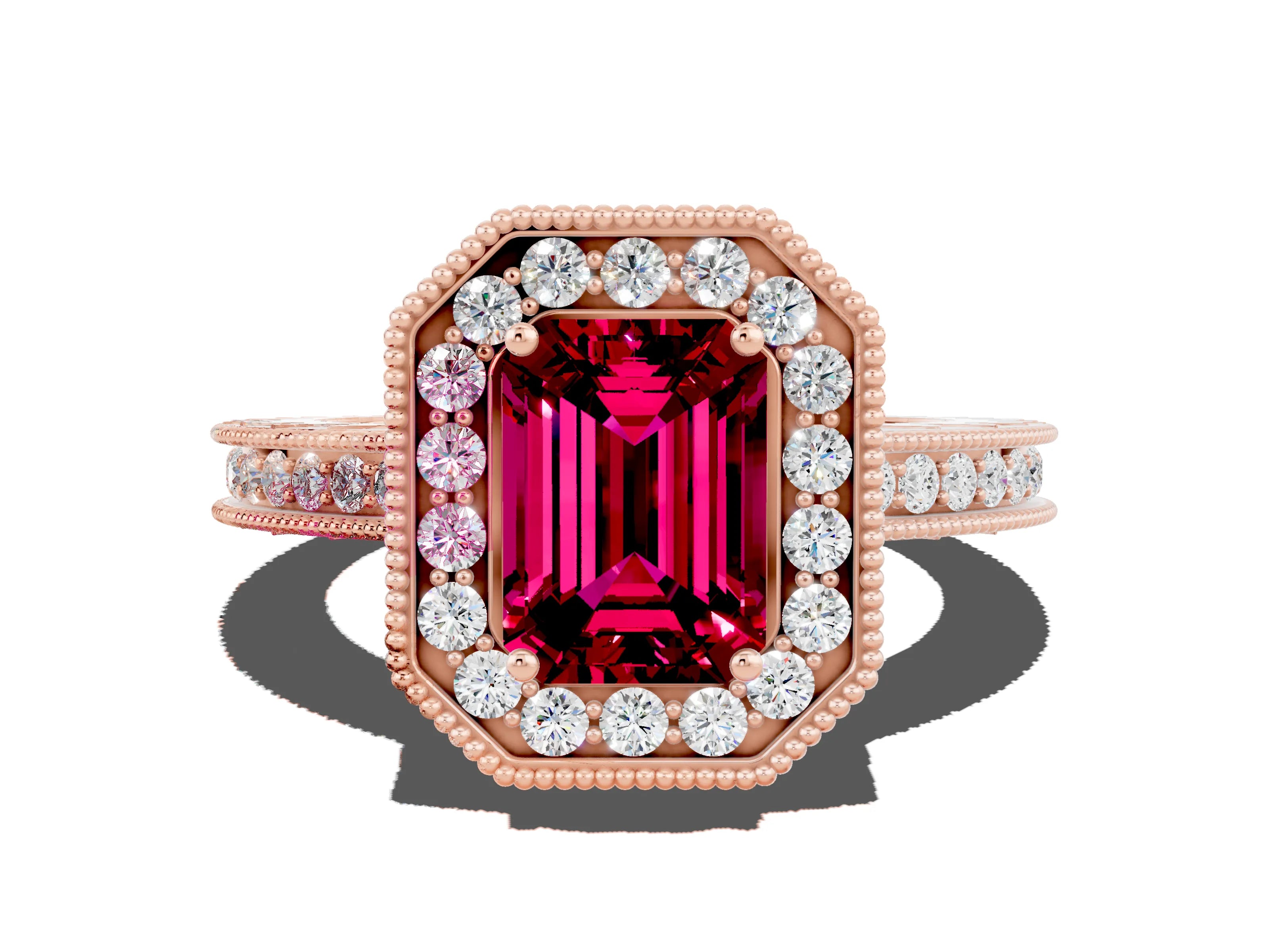 Rose gold Emerald Cut Halo Diamond Engagement Ring with Milgrain Pave Band and Four-Prong Setting