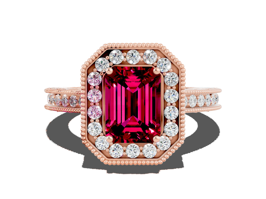 Rose gold Emerald Cut Halo Diamond Engagement Ring with Milgrain Pave Band and Four-Prong Setting