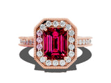 Rose gold Emerald Cut Halo Diamond Engagement Ring with Milgrain Pave Band and Four-Prong Setting