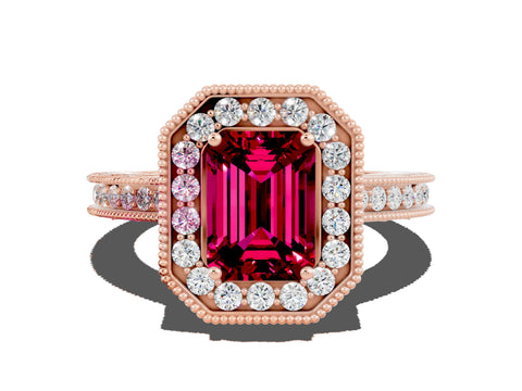 Rose gold Emerald Cut Halo Diamond Engagement Ring with Milgrain Pave Band and Four-Prong Setting