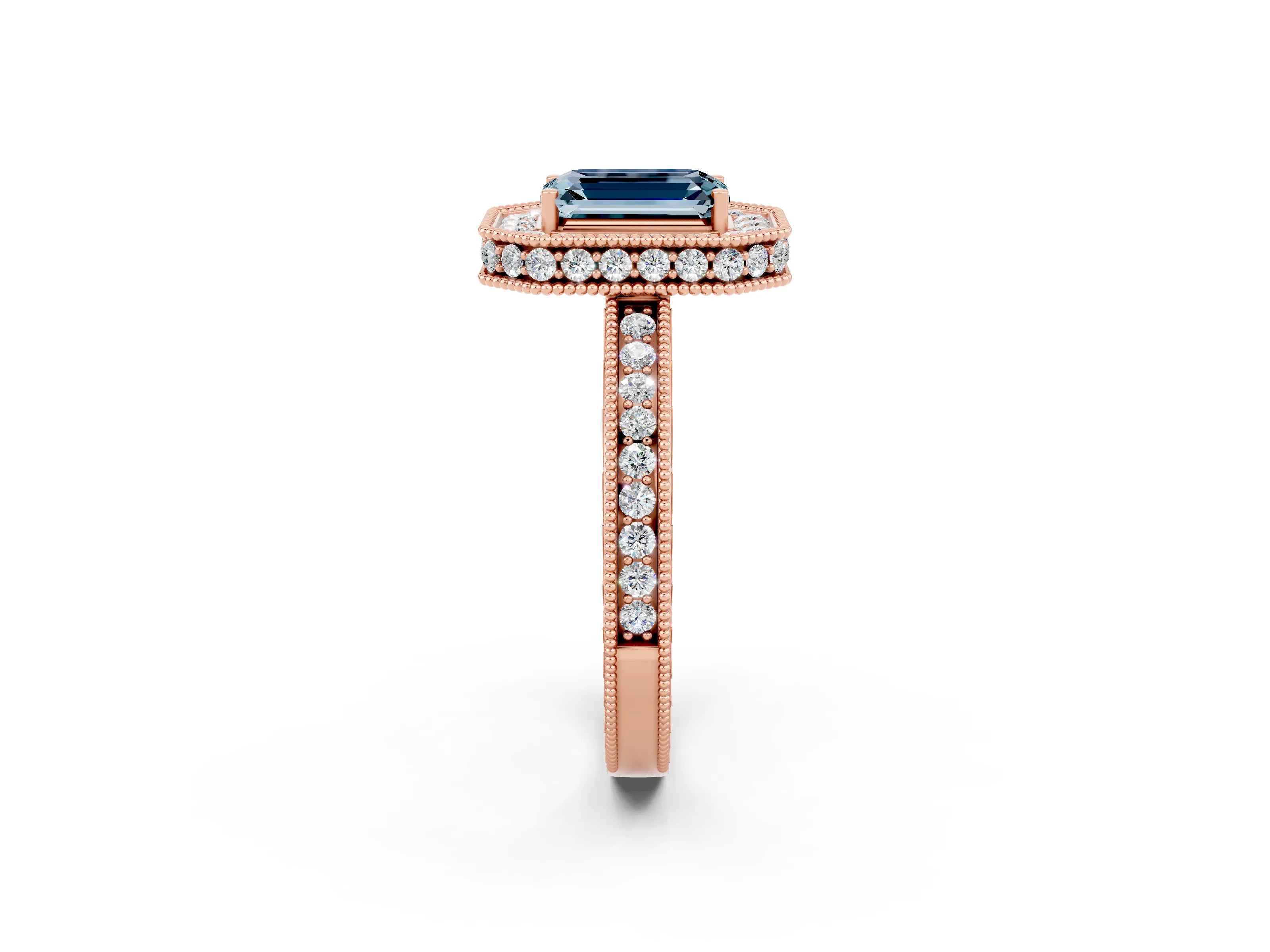Rose gold Emerald Cut Halo Diamond Engagement Ring with Milgrain Pave Band and Four-Prong Setting_2