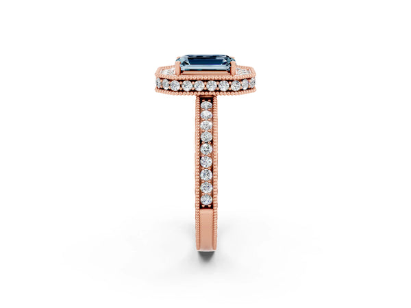 Rose gold Emerald Cut Halo Diamond Engagement Ring with Milgrain Pave Band and Four-Prong Setting