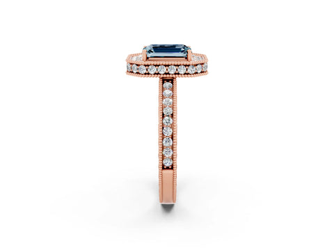 Rose gold Emerald Cut Halo Diamond Engagement Ring with Milgrain Pave Band and Four-Prong Setting_2