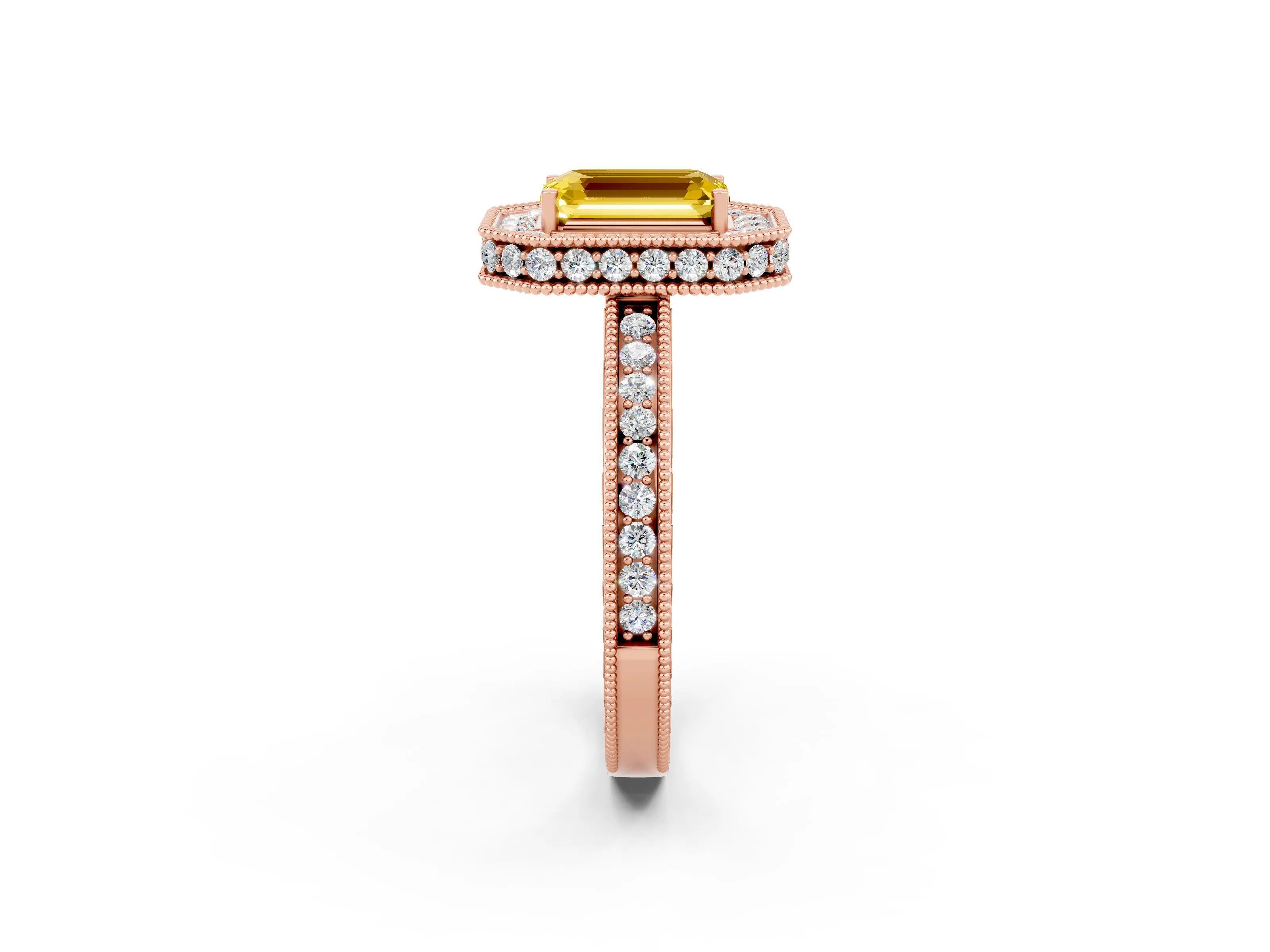 Rose gold Emerald Cut Halo Diamond Engagement Ring with Milgrain Pave Band and Four-Prong Setting_2