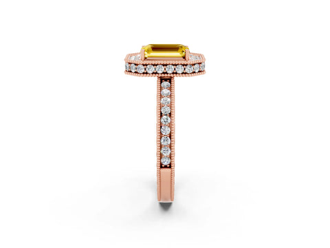 Rose gold Emerald Cut Halo Diamond Engagement Ring with Milgrain Pave Band and Four-Prong Setting_2