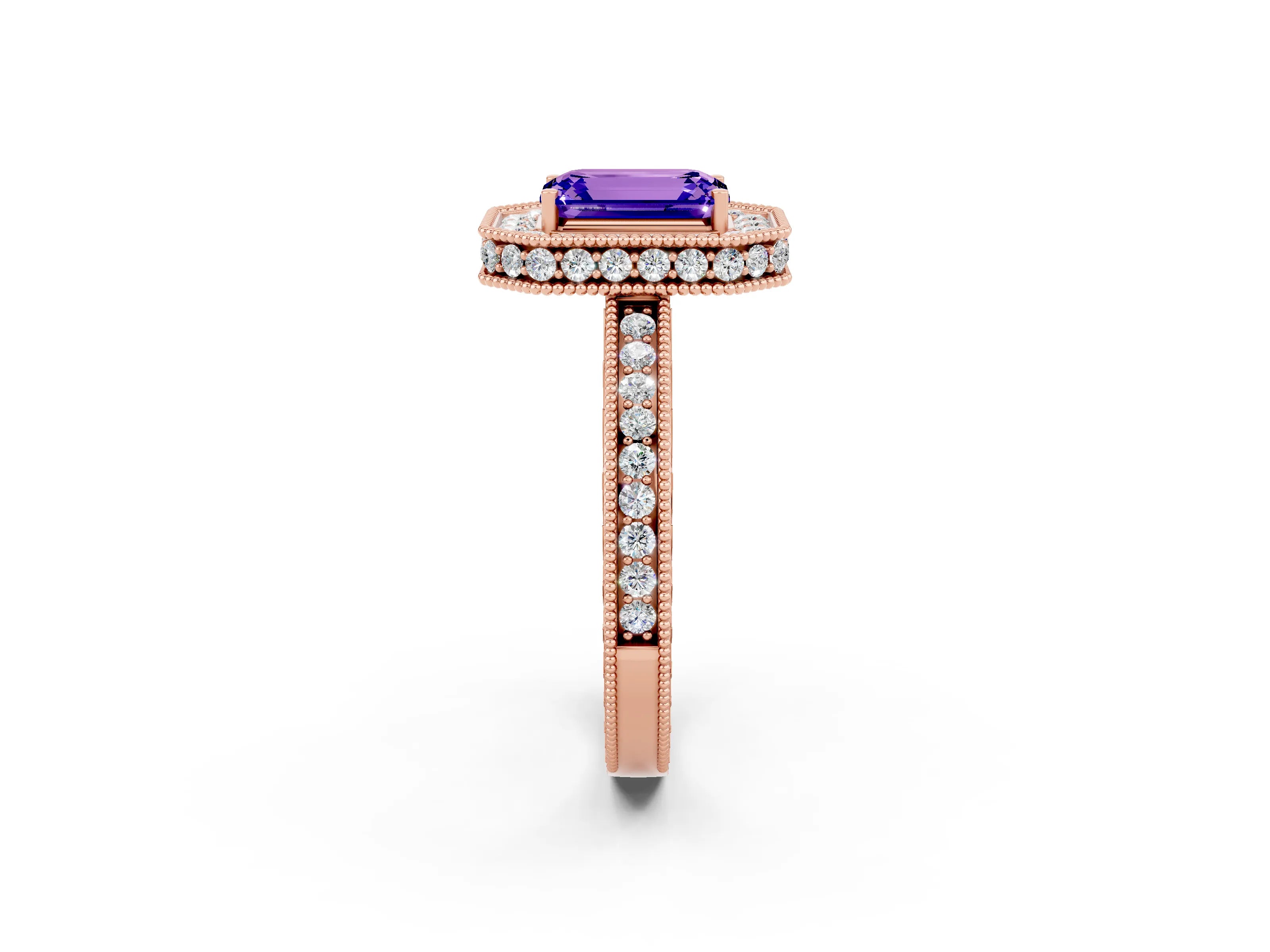 Rose gold Emerald Cut Halo Diamond Engagement Ring with Milgrain Pave Band and Four-Prong Setting_2