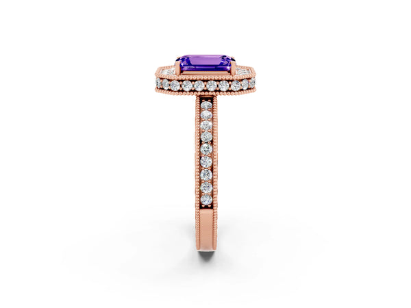 Rose gold Emerald Cut Halo Diamond Engagement Ring with Milgrain Pave Band and Four-Prong Setting