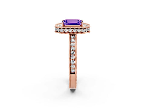 Rose gold Emerald Cut Halo Diamond Engagement Ring with Milgrain Pave Band and Four-Prong Setting_2