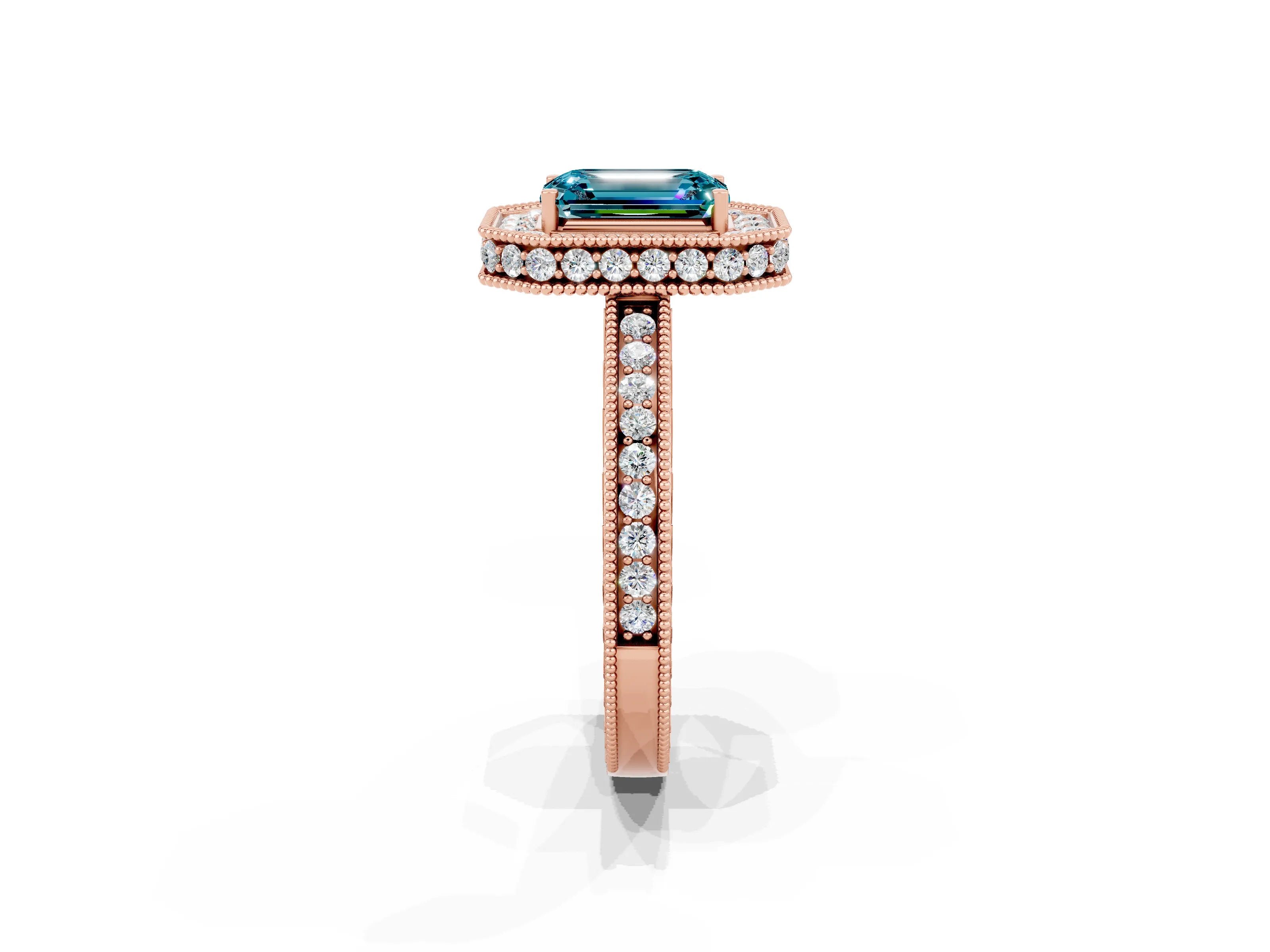 Rose gold Emerald Cut Halo Diamond Engagement Ring with Milgrain Pave Band and Four-Prong Setting_2
