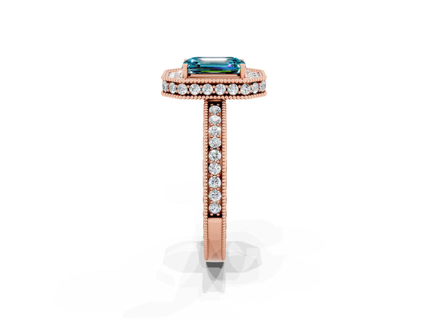 Rose gold Emerald Cut Halo Diamond Engagement Ring with Milgrain Pave Band and Four-Prong Setting