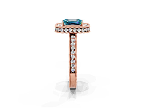 Rose gold Emerald Cut Halo Diamond Engagement Ring with Milgrain Pave Band and Four-Prong Setting_2