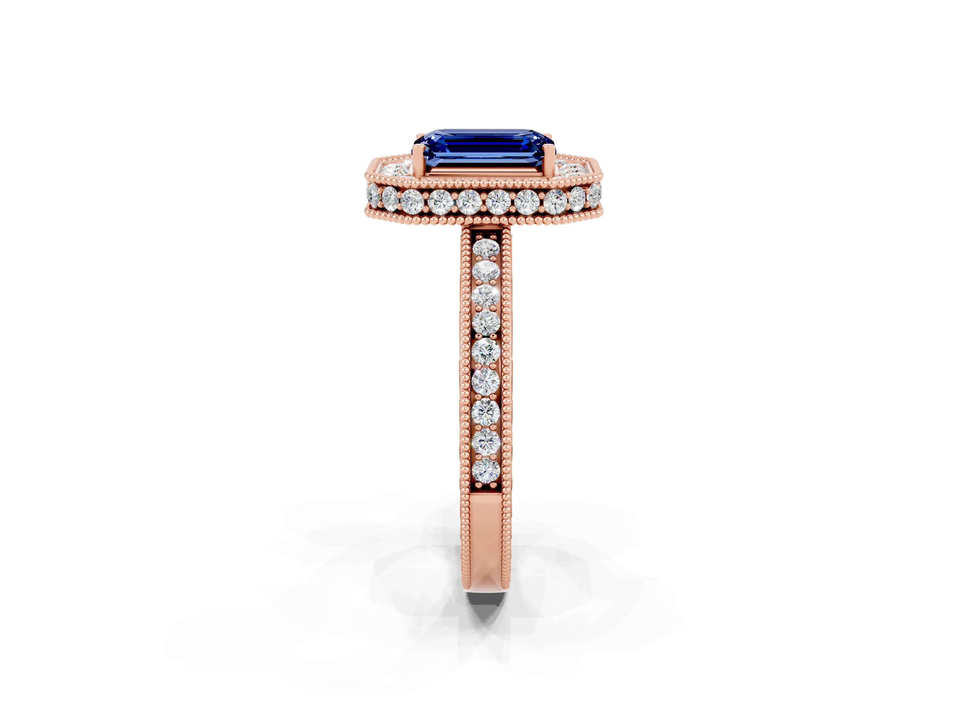 Rose gold Emerald Cut Halo Diamond Engagement Ring with Milgrain Pave Band and Four-Prong Setting_2