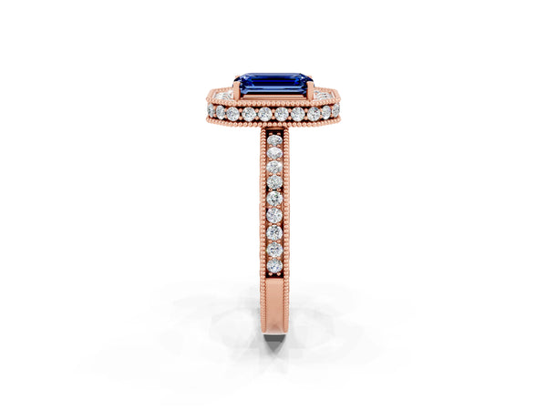 Rose gold Emerald Cut Halo Diamond Engagement Ring with Milgrain Pave Band and Four-Prong Setting
