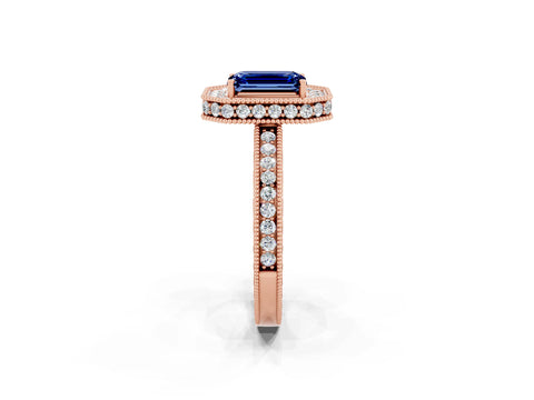 Rose gold Emerald Cut Halo Diamond Engagement Ring with Milgrain Pave Band and Four-Prong Setting_2