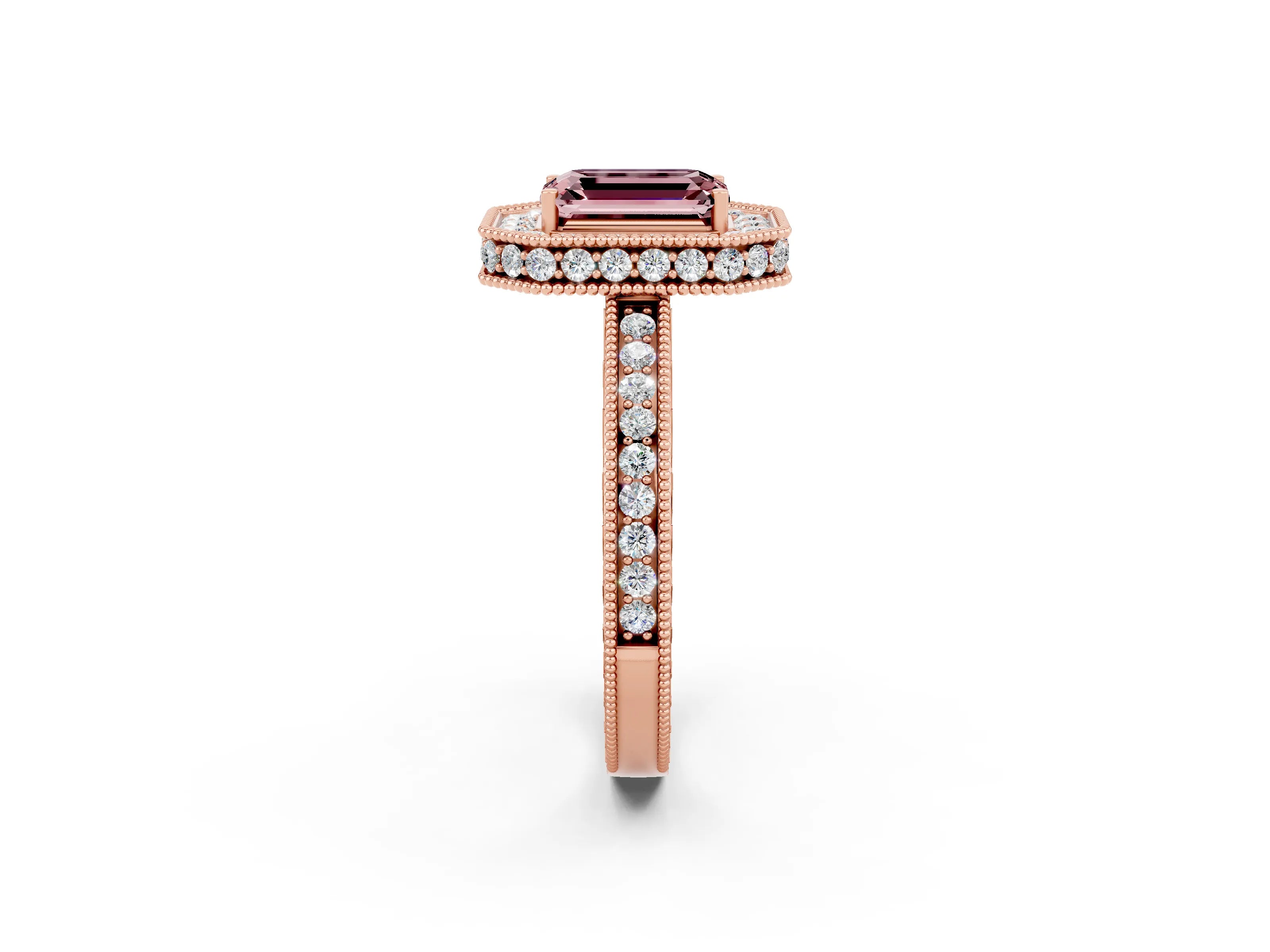Rose gold Emerald Cut Halo Diamond Engagement Ring with Milgrain Pave Band and Four-Prong Setting_2