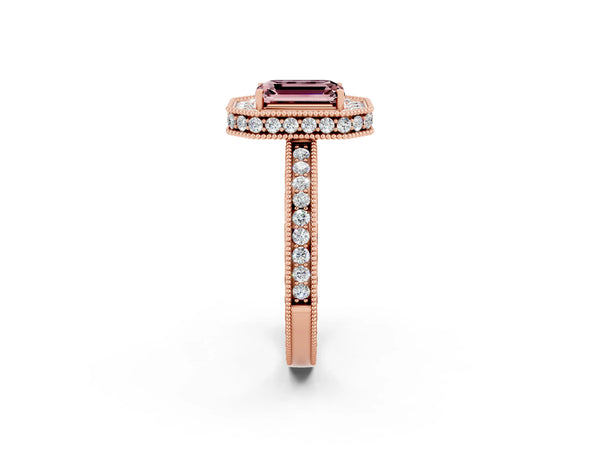 Rose gold Emerald Cut Halo Diamond Engagement Ring with Milgrain Pave Band and Four-Prong Setting