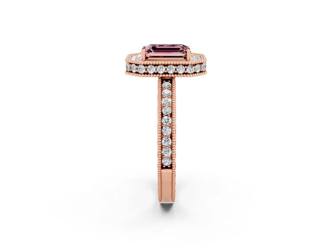 Rose gold Emerald Cut Halo Diamond Engagement Ring with Milgrain Pave Band and Four-Prong Setting_2