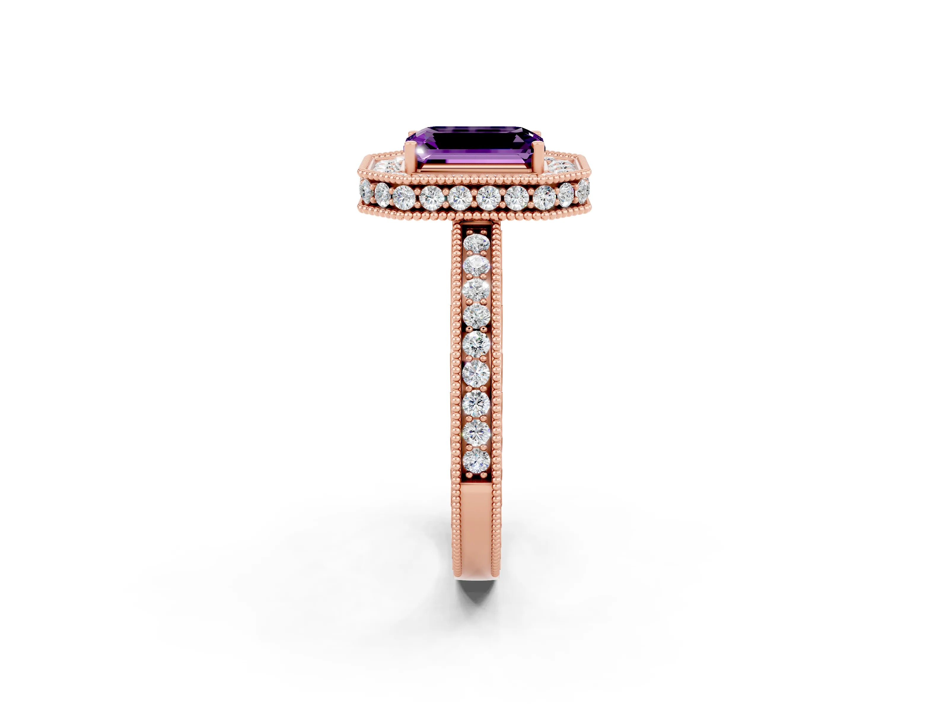 Rose gold Emerald Cut Halo Diamond Engagement Ring with Milgrain Pave Band and Four-Prong Setting_2