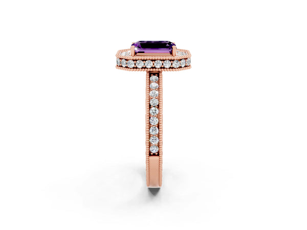 Rose gold Emerald Cut Amethyst Milgrain Halo Engagement Ring with Round Pavé Band and Prong Setting
