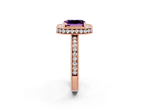 Rose gold Emerald Cut Halo Diamond Engagement Ring with Milgrain Pave Band and Four-Prong Setting_2
