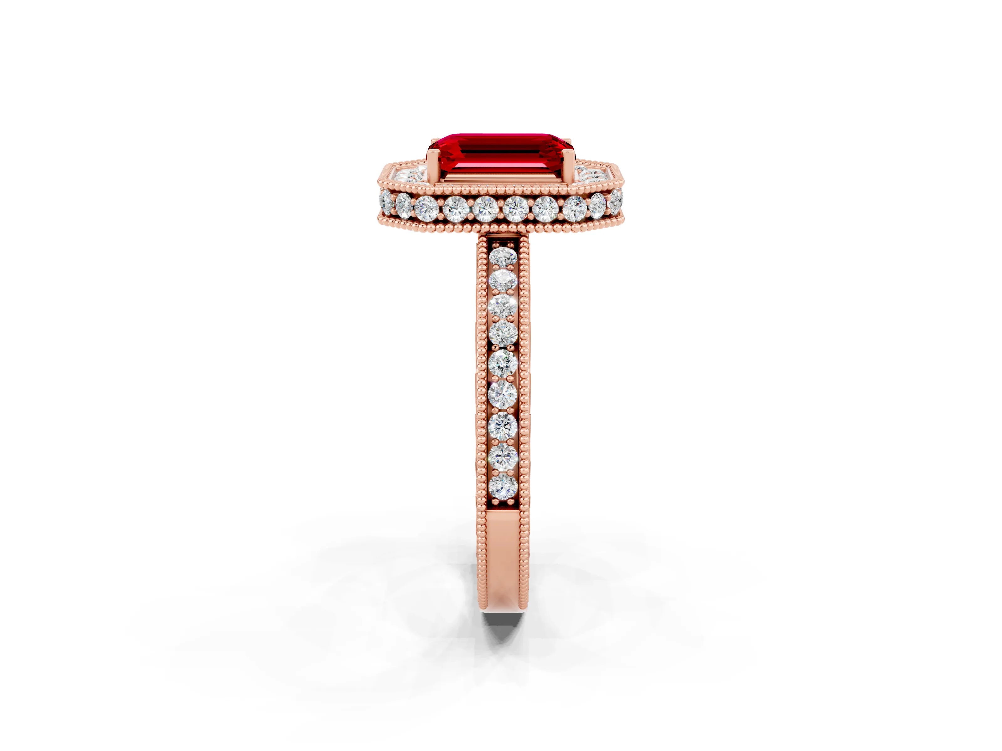 Rose gold Emerald Cut Halo Diamond Engagement Ring with Milgrain Pave Band and Four-Prong Setting_2