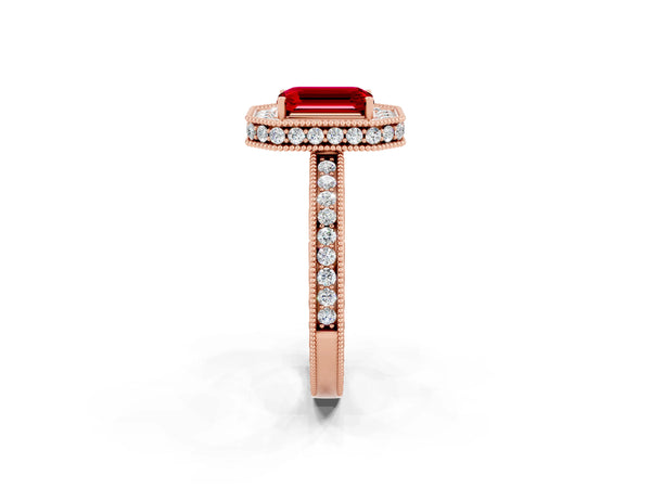Rose gold Emerald Cut Halo Diamond Engagement Ring with Milgrain Pave Band and Four-Prong Setting