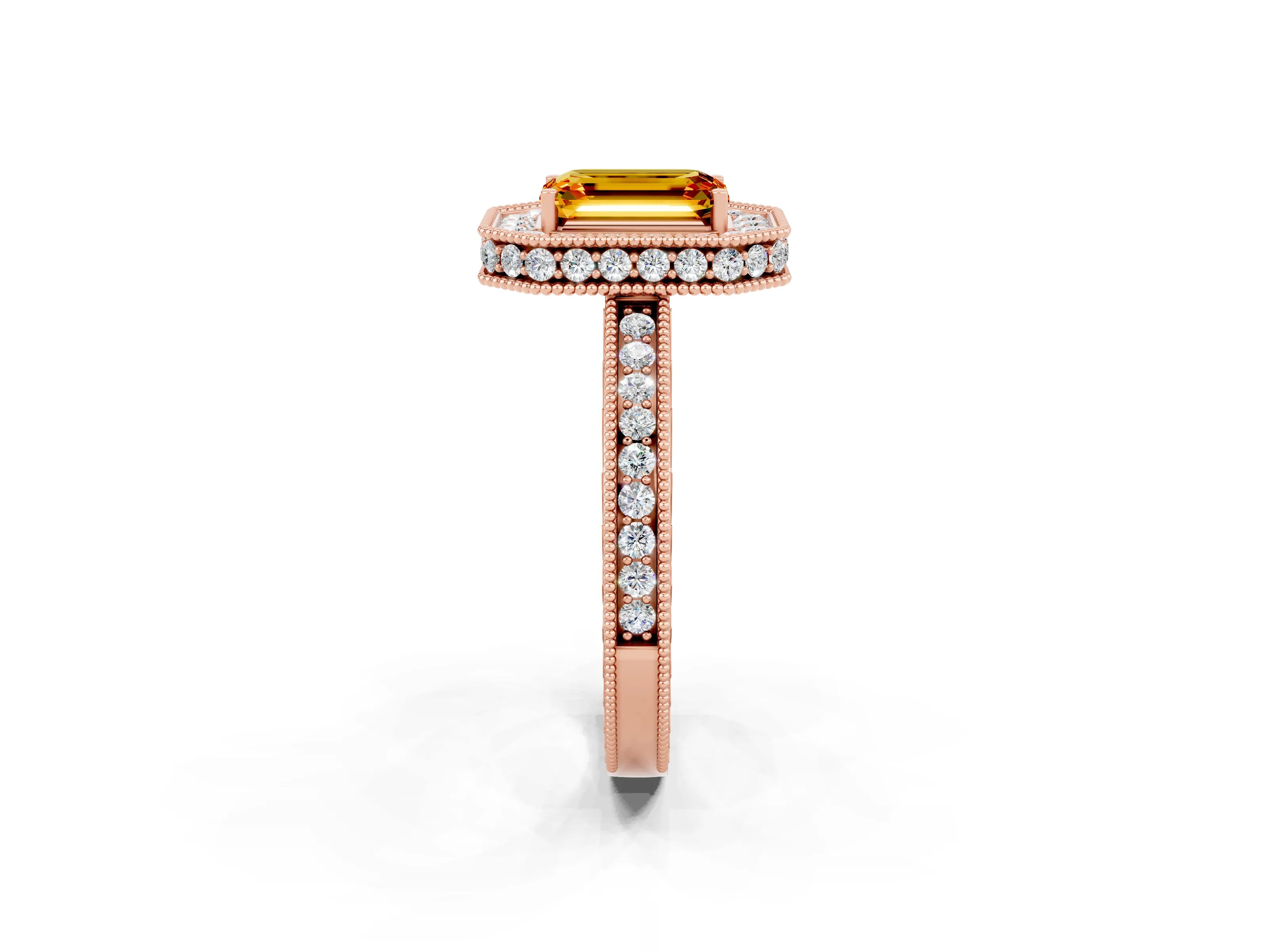 Rose gold Emerald Cut Halo Diamond Engagement Ring with Milgrain Pave Band and Four-Prong Setting_2