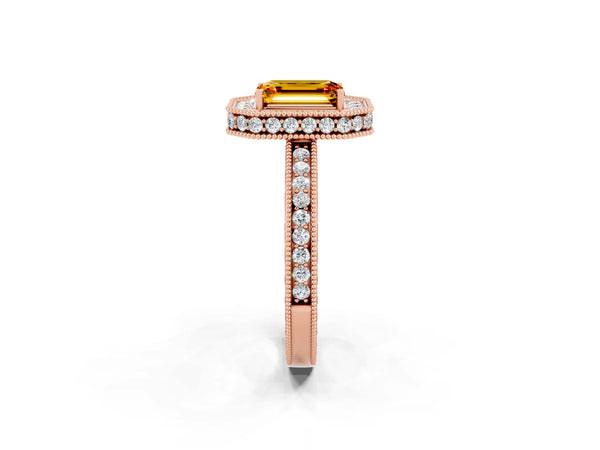 Rose gold Emerald Cut Halo Diamond Engagement Ring with Milgrain Pave Band and Four-Prong Setting