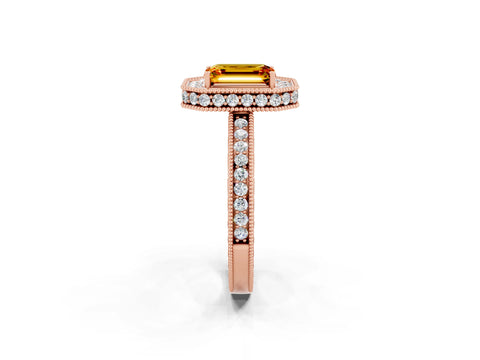 Rose gold Emerald Cut Halo Diamond Engagement Ring with Milgrain Pave Band and Four-Prong Setting_2