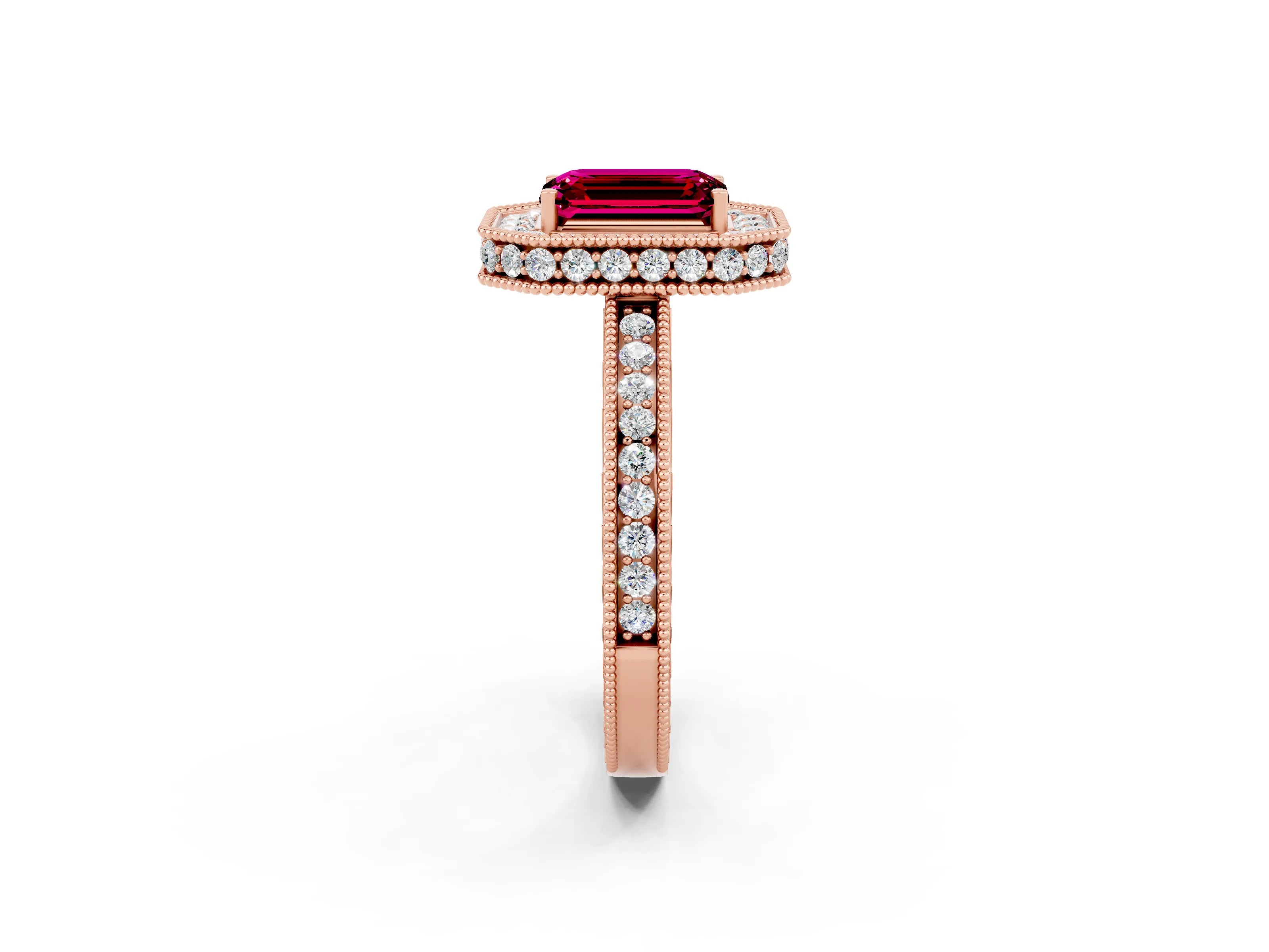 Rose gold Emerald Cut Halo Diamond Engagement Ring with Milgrain Pave Band and Four-Prong Setting_2