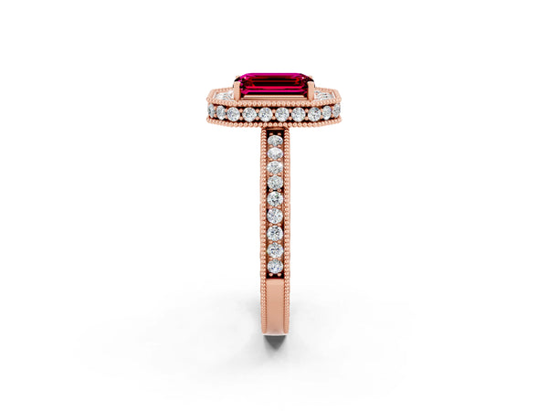 Rose gold Emerald Cut Halo Diamond Engagement Ring with Milgrain Pave Band and Four-Prong Setting
